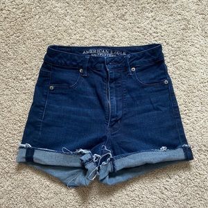 AEO SUPER STRETCH HIGH RISE DARK WASH CUFFED SHORTS